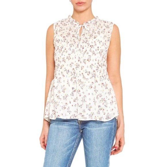 Pleione Floral Smocked Peplum Top In Ivory Ditsy Blouse - Picture 5 of 5